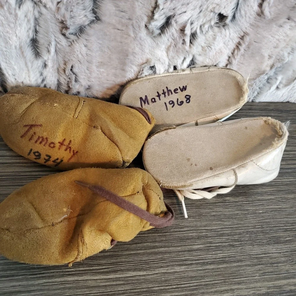 Two Pair Vintage‎ Baby Shoes - Well Worn, Brown Leather, White Booties